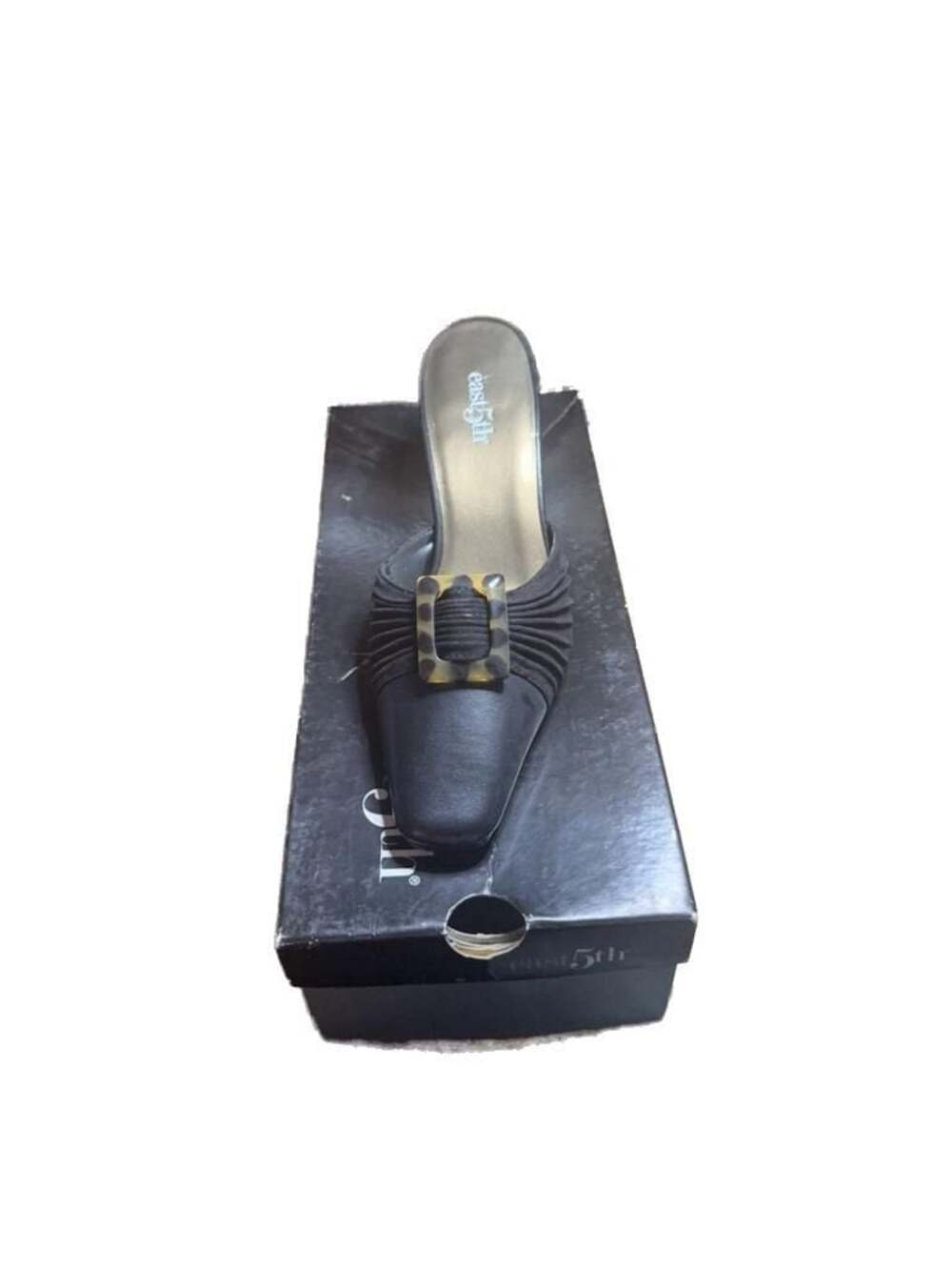 East 5th Black Pleated Kitten Heel Mules with Tortoiseshell Buckle
